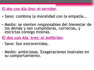 El dos con Ala Uno: el servidor . Sano: combina la moralidad con la empatía… Medio: se sienten responsables del bienestar de los demás y son cumplidoras, correctas, y estrictas consigo mismas.   El dos con Ala  tres: el Anfitrión : Sano: Son extrovertidas. Medio: ambiciosas. Exageraciones teatrales en su comportamiento.  