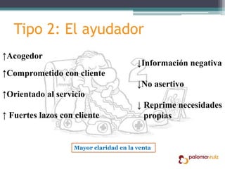 Tipo 2: El ayudador
↑Acogedor
↑Comprometido con cliente
↑Orientado al servicio
↑ Fuertes lazos con cliente
↓Información negativa
↓No asertivo
↓ Reprime necesidades
propias
Mayor claridad en la venta
 