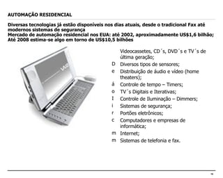 Videocassetes, CD´s, DVD´s e TV´s de última geração; Diversos tipos de sensores; Distribuição de áudio e vídeo (home theaters); Controle de tempo – Timers; TV´s Digitais e Iterativas; Controle de Iluminação – Dimmers; Sistemas de segurança; Portões eletrônicos; Computadores e empresas de informática; Internet; Sistemas de telefonia e fax. AUTOMAÇÃO RESIDENCIAL Diversas tecnologias já estão disponíveis nos dias atuais, desde o tradicional Fax até modernos sistemas de segurança Mercado de automação residencial nos EUA: até 2002, aproximadamente US$1,6 bilhão; Até 2008 estima-se algo em torno de US$10,5 bilhões 