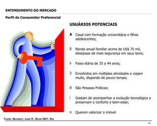 USUÁRIOS POTENCIAIS Casal com formação universitária e filhos adolescentes; Renda anual familiar acima de US$ 75 mil, desejosas de mais segurança em seus lares; Faixa etária de 35 a 44 anos; Envolvidos em múltiplas atividades e viajam muito, dispondo de pouco tempo; São Pessoas Práticas; Gostam de acompanhar a evolução tecnológica e preservam o conforto e bem-estar; Querem valorizar o imóvel ENTENDIMENTO DO MERCADO Perfil do Consumidor Preferencial Fonte: Muratori, José R., Bicsi 2001, Rio 