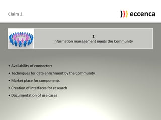 Claim 2 Availability of connectors Techniques for data enrichment by the Community Market place for components Creation of interfaces for research Documentation of use cases 2 Information management needs the Community 