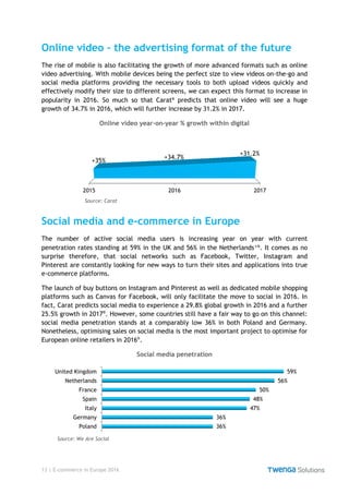 13 | E-commerce in Europe 2016
Online video – the advertising format of the future
The rise of mobile is also facilitating the growth of more advanced formats such as online
video advertising. With mobile devices being the perfect size to view videos on-the-go and
social media platforms providing the necessary tools to both upload videos quickly and
effectively modify their size to different screens, we can expect this format to increase in
popularity in 2016. So much so that Carat⁹ predicts that online video will see a huge
growth of 34.7% in 2016, which will further increase by 31.2% in 2017.
Online video year-on-year % growth within digital
Social media and e-commerce in Europe
The number of active social media users is increasing year on year with current
penetration rates standing at 59% in the UK and 56% in the Netherlands¹⁰. It comes as no
surprise therefore, that social networks such as Facebook, Twitter, Instagram and
Pinterest are constantly looking for new ways to turn their sites and applications into true
e-commerce platforms.
The launch of buy buttons on Instagram and Pinterest as well as dedicated mobile shopping
platforms such as Canvas for Facebook, will only facilitate the move to social in 2016. In
fact, Carat predicts social media to experience a 29.8% global growth in 2016 and a further
25.5% growth in 2017⁸. However, some countries still have a fair way to go on this channel:
social media penetration stands at a comparably low 36% in both Poland and Germany.
Nonetheless, optimising sales on social media is the most important project to optimise for
European online retailers in 2016⁶.
Social media penetration
2015 2016 2017
+35%
+34.7%
+31.2%
Source: Carat
United Kingdom
Netherlands
France
Spain
Italy
Germany
Poland
59%
56%
50%
48%
47%
36%
36%
Source: We Are Social
 