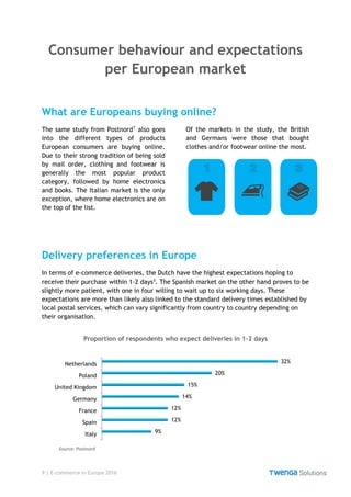 9 | E-commerce in Europe 2016
Consumer behaviour and expectations
per European market
What are Europeans buying online?
The same study from Postnord⁷ also goes
into the different types of products
European consumers are buying online.
Due to their strong tradition of being sold
by mail order, clothing and footwear is
generally the most popular product
category, followed by home electronics
and books. The Italian market is the only
exception, where home electronics are on
the top of the list.
Of the markets in the study, the British
and Germans were those that bought
clothes and/or footwear online the most.
Delivery preferences in Europe
In terms of e-commerce deliveries, the Dutch have the highest expectations hoping to
receive their purchase within 1-2 days⁷. The Spanish market on the other hand proves to be
slightly more patient, with one in four willing to wait up to six working days. These
expectations are more than likely also linked to the standard delivery times established by
local postal services, which can vary significantly from country to country depending on
their organisation.
Proportion of respondents who expect deliveries in 1-2 days
Netherlands
Poland
United Kingdom
Germany
France
Spain
Italy
32%
20%
15%
14%
12%
12%
9%
Source: Postnord
 