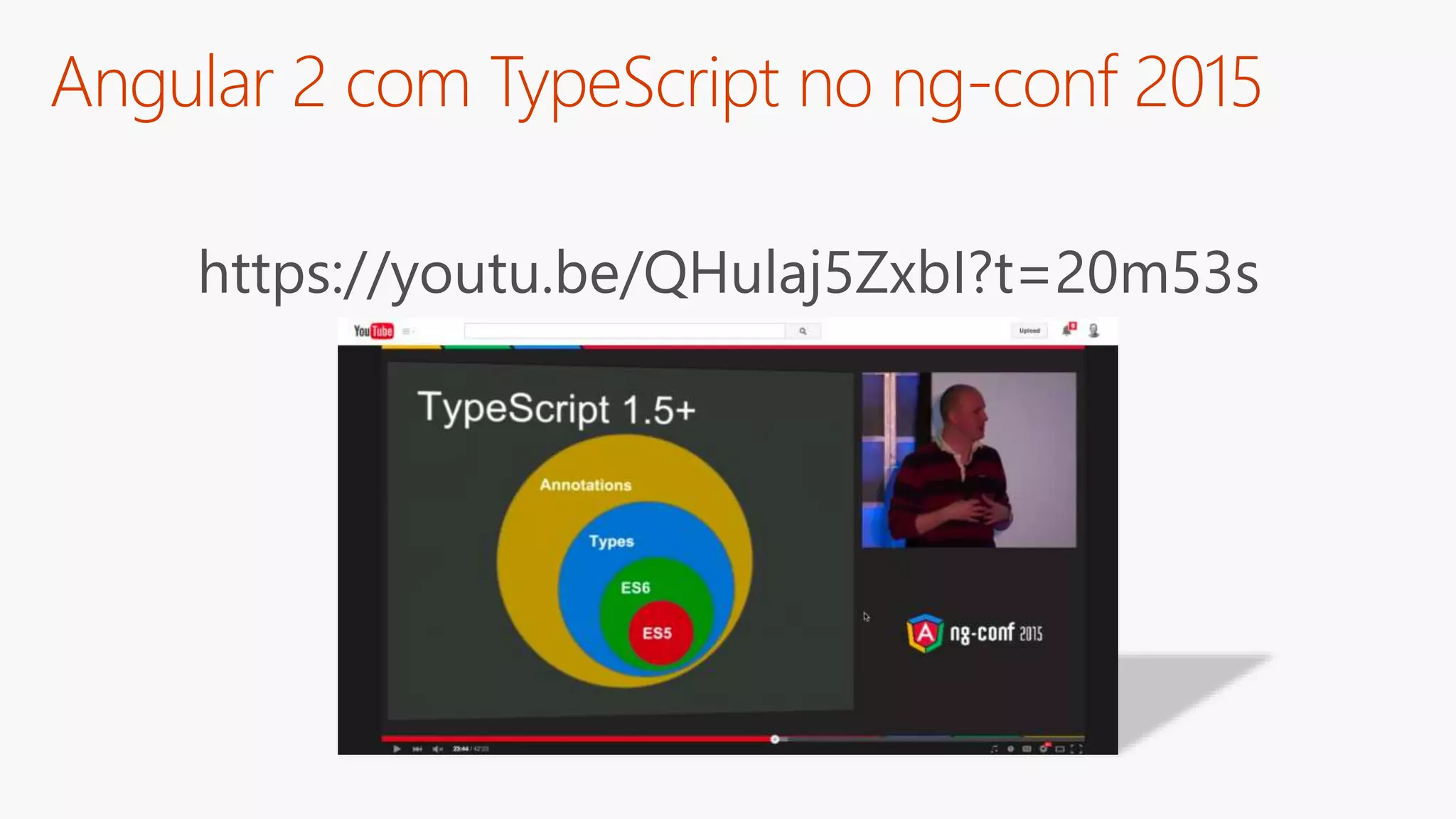 https://youtu.be/QHulaj5ZxbI?t=20m53s
Angular 2 com TypeScript no ng-conf 2015
 