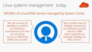 “We are running SC
OpsMgr to monitor
our Windows
environment and now
we are going
to try to implement
UNIX/Linux as well.“
“We currently have SC
OpsMgr monitoring
our Windows servers
and our UNIX
team would like to
leverage OpsMgr for
their servers.”
100,000’s of Linux/UNIX servers managed by System Center
 