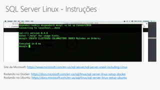 Site da Microsoft: https://www.microsoft.com/en-us/sql-server/sql-server-vnext-including-Linux
Rodando no Docker: https://docs.microsoft.com/en-us/sql/linux/sql-server-linux-setup-docker
Rodando no Ubuntu: https://docs.microsoft.com/en-us/sql/linux/sql-server-linux-setup-ubuntu
 