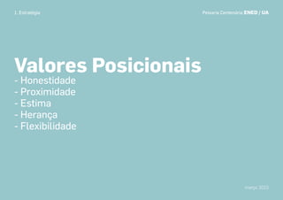 1. Estratégia Peixaria Centenária ENED / UA
março 2015
Valores Posicionais
- Honestidade
- Proximidade
- Estima
- Herança
- Flexibilidade
1. Estratégia
 