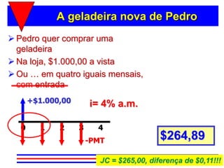 A geladeira nova de Pedro
 Pedro quer comprar uma
  geladeira
 Na loja, $1.000,00 a vista
 Ou … em quatro iguais mensais,
  com entrada
       +$1.000,00       i= 4% a.m.

   0     1    2     3     4
                        -PMT                $264,89
                           JC = $265,00, diferença de $0,11!!!
 