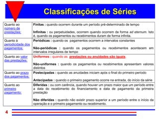 Classificações de Séries
Quanto ao           Finitas : quando ocorrem durante um período pré-determinado de tempo
número de
prestações:         Infinitas : ou perpetuidades, ocorrem quando ocorrem de forma ad eternum. Isto
                    é, quando os pagamentos ou recebimentos duram de forma infinita.
Quanto à            Periódicas : quando os pagamentos ocorrem a intervalos constantes
periodicidade dos
pagamentos:         Não-periódicas : quando os pagamentos ou recebimentos acontecem em
                    intervalos irregulares de tempo
Quanto ao valor     Uniformes : quando as prestações ou anuidades são iguais.
das prestações:
                    Não-uniformes : quando os pagamentos ou recebimentos apresentam valores
                    distintos
Quanto ao prazo     Postecipadas : quando as anuidades iniciam após o final do primeiro período
dos pagamentos:
                    Antecipadas : quando o primeiro pagamento ocorre na entrada, do início da série
Quanto ao           Diferidas : ou com carência, quando houver um prazo maior que um período entre
primeiro            a data do recebimento do financiamento e data de pagamento da primeira
pagamento:          prestação

                    Não diferidas : quando não existir prazo superior a um período entre o início da
                    operação e o primeiro pagamento ou recebimento.

4
 