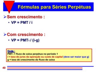 Fórmulas para Séries Perpétuas

Sem crescimento :
     • VP = PMT / i


Com crescimento :
     • VP = PMT1 / (i-g)

     Onde :
     PMT1 = fluxo de caixa perpétuo no período 1
     i = taxa de juros da operação ou custo de capital (deve ser maior que g)
     g = taxa de crescimento do fluxo de caixa


40
 