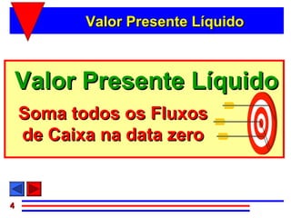 Valor Presente Líquido



Valor Presente Líquido
    Soma todos os Fluxos
    de Caixa na data zero


4
 