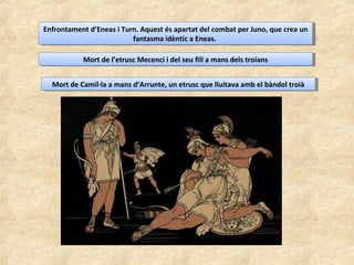 Enfrontament d’Eneas i Turn. Aquest és apartat del combat per Juno, que crea un
fantasma idèntic a Eneas.
Enfrontament d’Eneas i Turn. Aquest és apartat del combat per Juno, que crea un
fantasma idèntic a Eneas.
Mort de l’etrusc Mecenci i del seu fill a mans dels troiansMort de l’etrusc Mecenci i del seu fill a mans dels troians
Mort de Camil·la a mans d’Arrunte, un etrusc que lluitava amb el bàndol troiàMort de Camil·la a mans d’Arrunte, un etrusc que lluitava amb el bàndol troià
 