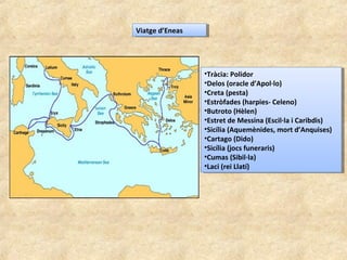 Viatge d’EneasViatge d’Eneas
•Tràcia: Polidor
•Delos (oracle d’Apol·lo)
•Creta (pesta)
•Estròfades (harpies- Celeno)
•Butroto (Hèlen)
•Estret de Messina (Escil·la i Caribdis)
•Sicília (Aquemènides, mort d’Anquises)
•Cartago (Dido)
•Sicília (jocs funeraris)
•Cumas (Sibil·la)
•Laci (rei Llatí)
•Tràcia: Polidor
•Delos (oracle d’Apol·lo)
•Creta (pesta)
•Estròfades (harpies- Celeno)
•Butroto (Hèlen)
•Estret de Messina (Escil·la i Caribdis)
•Sicília (Aquemènides, mort d’Anquises)
•Cartago (Dido)
•Sicília (jocs funeraris)
•Cumas (Sibil·la)
•Laci (rei Llatí)
 