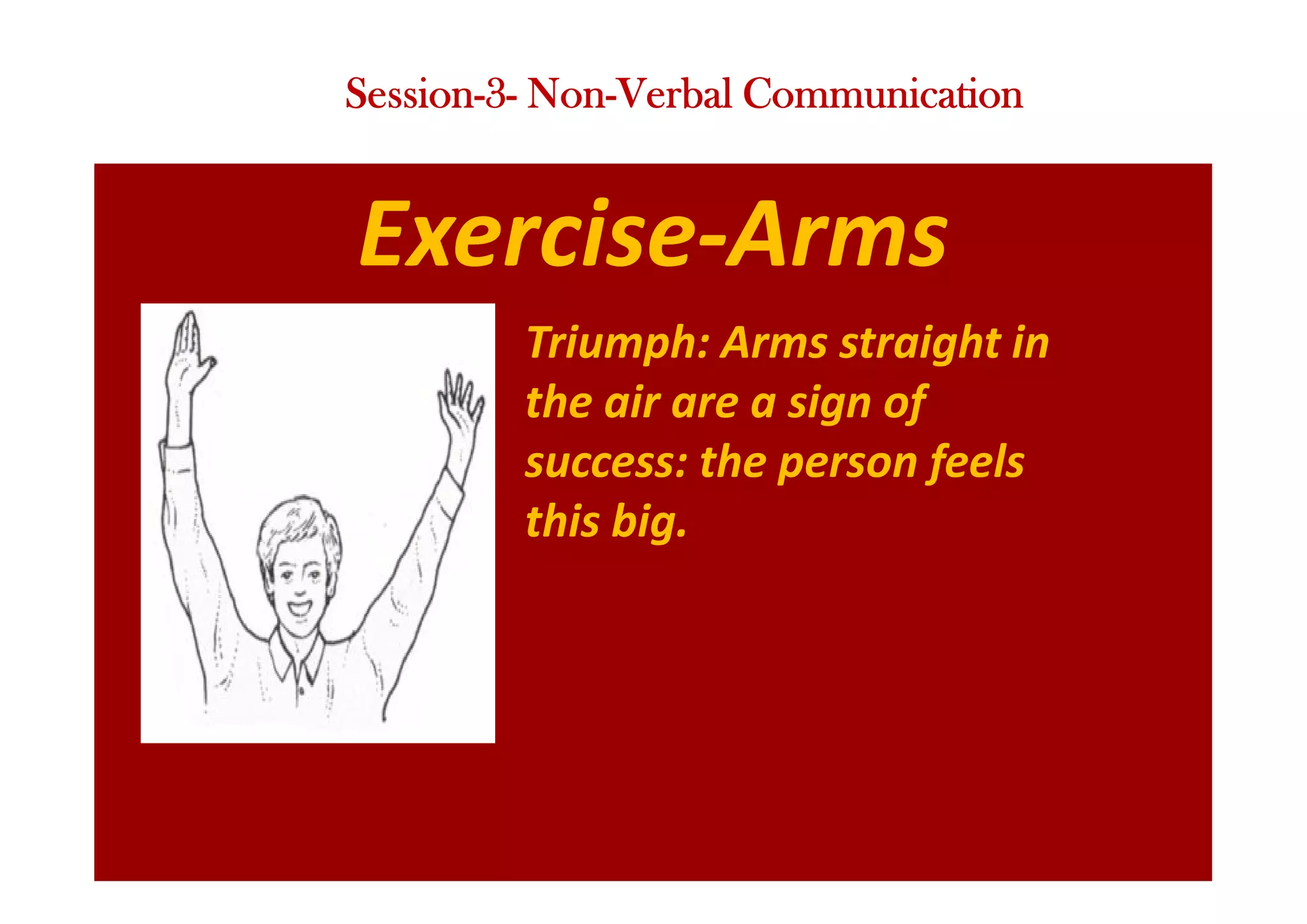 Exercise-Arms
Triumph: Arms straight in
the air are a sign of
success: the person feels
this big.
Session-3- Non-Verbal Communication
 