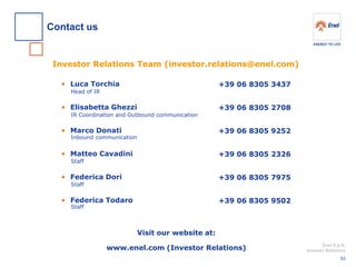 Enel S.p.A. 
Investor Relations 
Investor Relations Team (investor.relations@enel.com) 
Visit our website at: 
www.enel.com (Investor Relations) 
•Luca Torchia 
•Elisabetta Ghezzi 
•Marco Donati 
•Matteo Cavadini 
•Federica Dori 
•Federica Todaro 
+39 06 8305 3437 
+39 06 8305 2708 
+39 06 8305 9252 
+39 06 8305 2326 
+39 06 8305 7975 
+39 06 8305 9502 
Head of IR 
IR Coordination and Outbound communication 
Inbound communication 
Staff 
Staff 
Staff 
Contact us 
53 