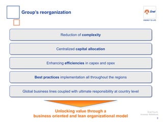 Enel S.p.A. 
Investor Relations 
Group’s reorganization 
8 
Best practices implementation all throughout the regions 
Unlocking value through a 
business oriented and lean organizational model 
Enhancing efficiencies in capex and opex 
Global business lines coupled with ultimate responsibility at country level 
Centralized capital allocation 
Reduction of complexity  
