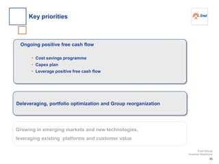 Ongoing positive free cash flow
• Cost savings programme
• Capex plan
• Leverage positive free cash flow
Deleveraging, portfolio optimization and Group reorganization
Growing in emerging markets and new technologies,
leveraging existing platforms and customer value
33
Enel Group
Investor Relations
Key priorities
 
