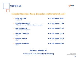 Investor Relations Team (investor.relations@enel.com)
Visit our website at:
www.enel.com (Investor Relations)
• Luca Torchia
• Elisabetta Ghezzi
• Marco Donati
• Matteo Cavadini
• Federica Dori
• Federica Todaro
+39 06 8305 3437
+39 06 8305 2708
+39 06 8305 9252
+39 06 8305 2326
+39 06 8305 7975
+39 06 8305 9502
Head of IR
IR Coordination and Outbound communication
Inbound communication
Staff
Staff
Staff
82
Enel Group
Investor Relations
Contact us
 