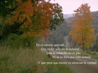 En el camino aprendí... Que andar solo no es soledad ... Que la cobardía no es paz. Ni se es feliz por solo sonreír. ¡Y que peor que mentir es silenciar la verdad! 