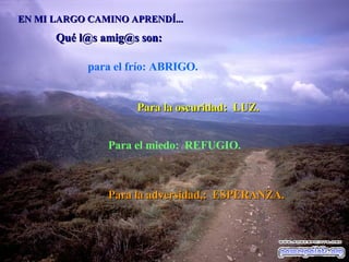 EN MI LARGO CAMINO APRENDÍ... Qué l@s amig@s son: para el frío: ABRIGO. Para el miedo: REFUGIO. Para la adversidad,: ESPERANZA. Para la oscuridad: LUZ.