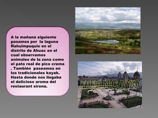A la mañana siguiente  pasamos por  la laguna  Ñahuimpuquio en el distrito de Ahuac en el cual observamos animales de la zona como el pato real de pico crema . También  paseamos en los tradicionales kayak. Hasta donde nos llegaba el delicioso aroma del restaurant sirena. 