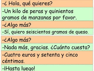 -¿ Hola, qué quieres?
-Un kilo de peras y quinientos
gramos de manzanas por favor.
-¿Algo más?
-Sí, quiero seiscientos gramos de queso.
-¿Algo más?
-Nada más, gracias. ¿Cuánto cuesta?
-Cuatro euros y setenta y cinco
céntimos.
-¡Hasta luego!
 