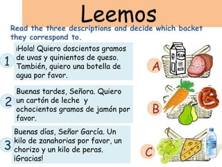 Leemos
    Read the three descriptions and decide which backet
    they correspond to.
     ¡Hola!Quiero doscientos gramos
     de uvas y quinientos de queso.
1    También, quiero una botella de      A
     agua por favor.

     Buenas tardes, Señora. Quiero
2    un cartón de leche y
     ochocientos gramos de jamón por     B
     favor.
    Buenas días, Señor García. Un
    kilo de zanahorias por favor, un
3   chorizo y un kilo de peras.
    ¡Gracias!
                                       C
 