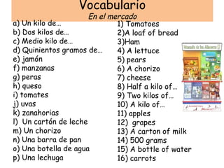 Vocabulario
                      En el mercado
a) Un kilo de…                1) Tomatoes
b) Dos kilos de…              2)A loaf of bread
c) Medio kilo de…             3)Ham
d) Quinientos gramos de…      4) A lettuce
e) jamón                      5) pears
f) manzanas                   6) A chorizo
g) peras                      7) cheese
h) queso                      8) Half a kilo of…
i) tomates                    9) Two kilos of…
j) uvas                       10) A kilo of…
k) zanahorias                 11) apples
l) Un cartón de leche         12) grapes
m) Un chorizo                 13) A carton of milk
n) Una barra de pan           14) 500 grams
o) Una botella de agua        15) A bottle of water
p) Una lechuga                16) carrots
 