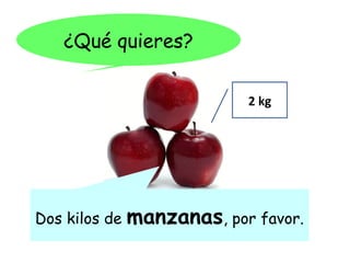 ¿Qué quieres?

                            2 kg




Dos kilos de   manzanas, por favor.
 