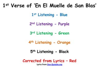 1st Verse of ‘En El Muelle de San Blas’
            1st Listening - Blue

           2nd Listening - Purple

           3rd Listening - Green

          4th Listening - Orange

           5th Listening - Black

        Corrected from Lyrics – Red
               Lyrics from Don Quixote.org
 