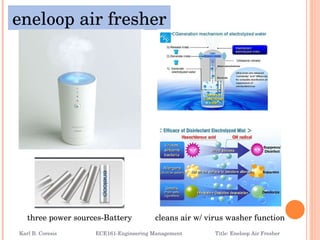 eneloop air fresher three power sources-Battery cleans air w/ virus washer function Karl B. Coresis  ECE161-Engineering Management  Title: Eneloop Air Fresher 