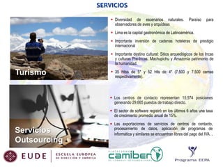 SERVICIOS
 Diversidad de escenarios naturales.
observadores de aves y orquídeas

Paraíso

para

 Lima es la capital gastronómica de Latinoamérica.
 Importante inversión de cadenas hoteleras de prestigio
internacional
 Importante destino cultural: Sitios arqueológicos de los Incas
y culturas Pre-Incas. Machupichu y Amazonía patrimonio de
la humanidad.

Turismo

 35 htlss de 5* y 52 htls de 4* (7.500 y 7.500 camas
respectivamente).

 Los centros de contacto representan 15,574 posiciones
generando 29,665 puestos de trabajo directo.
 El sector de software registró en los últimos 6 años una tasa
de crecimiento promedio anual de 15%.

Servicios
Outsourcing

 Las exportaciones de servicios de centros de contacto,
procesamiento de datos, aplicación de programas de
informática y similares se encuentran libres del pago del IVA. .

 