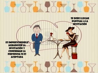 Se debe llegar
                     puntual a la
                      invitación




es imprescindible
  agradecer la
   invitación y
  confirmar la
  presencia si es
     aceptada
 