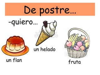 De postre…
-quiero…


           un helado

un flan                fruta
 