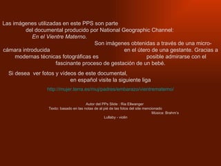  http://mujer.terra.es/muj/padres/embarazo/vientrematerno/   Las imágenes utilizadas en este PPS son parte  del documental producido por National Geographic Channel:  En el Vientre Materno.  Son imágenes obtenidas a través de una micro-cámara introducida  en el útero de una gestante. Gracias a modernas técnicas fotográficas es  posible admirarse con el fascinante proceso de gestación de un bebé. Si desea  ver fotos y vídeos de este documental,  en español visite la siguiente liga Autor del PPs Slide : Ria Ellwanger  Texto: basado en las notas de al pié de las fotos del site mencionado  Música: Brahm’s Lullaby - violin 