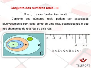 Conjunto dos números reais podem ser associados
biunivocamente com cada ponto de uma reta, estabelecendo o que
nós chamamos de reta real ou eixo real.
 