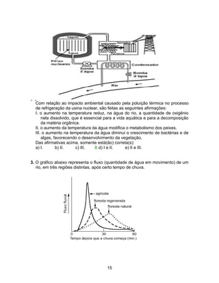 Com relação ao impacto ambiental causado pela poluição térmica no processo
  de refrigeração da usina nuclear, são feitas as seguintes afirmações:
  I. o aumento na temperatura reduz, na água do rio, a quantidade de oxigênio
      nela dissolvido, que é essencial para a vida aquática e para a decomposição
      da matéria orgânica.
  II. o aumento da temperatura da água modifica o metabolismo dos peixes.
  III. o aumento na temperatura da água diminui o crescimento de bactérias e de
      algas, favorecendo o desenvolvimento da vegetação.
  Das afirmativas acima, somente está(ão) correta(s):
  a) I.       b) II.     c) III.  X d) I e II.    e) II e III.


3. O gráfico abaixo representa o fluxo (quantidade de água em movimento) de um
   rio, em três regiões distintas, após certo tempo de chuva.




                                      15
 