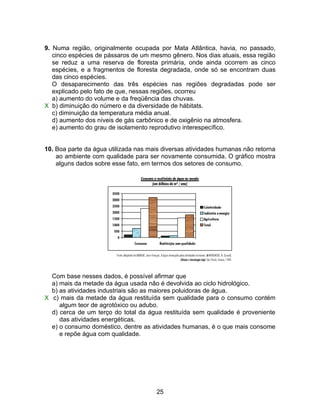 9. Numa região, originalmente ocupada por Mata Atlântica, havia, no passado,
   cinco espécies de pássaros de um mesmo gênero. Nos dias atuais, essa região
   se reduz a uma reserva de floresta primária, onde ainda ocorrem as cinco
   espécies, e a fragmentos de floresta degradada, onde só se encontram duas
   das cinco espécies.
   O desaparecimento das três espécies nas regiões degradadas pode ser
   explicado pelo fato de que, nessas regiões, ocorreu
   a) aumento do volume e da freqüência das chuvas.
X b) diminuição do número e da diversidade de hábitats.
   c) diminuição da temperatura média anual.
   d) aumento dos níveis de gás carbônico e de oxigênio na atmosfera.
   e) aumento do grau de isolamento reprodutivo interespecífico.


10. Boa parte da água utilizada nas mais diversas atividades humanas não retorna
    ao ambiente com qualidade para ser novamente consumida. O gráfico mostra
    alguns dados sobre esse fato, em termos dos setores de consumo.




  Com base nesses dados, é possível afirmar que
  a) mais da metade da água usada não é devolvida ao ciclo hidrológico.
  b) as atividades industriais são as maiores poluidoras de água.
X c) mais da metade da água restituída sem qualidade para o consumo contém
     algum teor de agrotóxico ou adubo.
  d) cerca de um terço do total da água restituída sem qualidade é proveniente
     das atividades energéticas.
  e) o consumo doméstico, dentre as atividades humanas, é o que mais consome
     e repõe água com qualidade.




                                      25
 