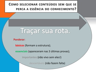 C OMO   SELECIONAR CONTEÚDOS SEM QUE SE
   PERCA A ESSÊNCIA DO CONHECIMENTO ?




  Ponderar:

   básicos (formam a estrutura);

   essenciais (apareceram nas 3 últimas provas);

         importantes (não vivo sem eles!)

              descartáveis (não fazem falta)
 