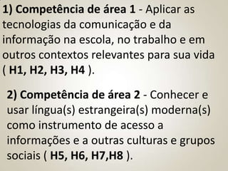 1) Competência de área 1 - Aplicar as
tecnologias da comunicação e da
informação na escola, no trabalho e em
outros contextos relevantes para sua vida
( H1, H2, H3, H4 ).
2) Competência de área 2 - Conhecer e
usar língua(s) estrangeira(s) moderna(s)
como instrumento de acesso a
informações e a outras culturas e grupos
sociais ( H5, H6, H7,H8 ).
 