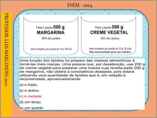 ENEM - 2004PROFESSOR:LUISMARCONDES2012
Uma função dos lipídios no preparo das massas alimentícias é
torná-las mais macias. Uma pessoa que, por desatenção, use 200 g
de creme vegetal para preparar uma massa cuja receita pede 200 g
de margarina, não obterá a consistência desejada, pois estará
utilizando uma quantidade de lipídios que é, em relação à
recomendada, aproximadamente
a) o triplo.
b) o dobro.
c) à metade.
d) um terço.
e) um quarto.
 