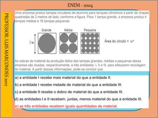 ENEM - 2004PROFESSOR:LUISMARCONDES2012
Uma empresa produz tampas circulares de alumínio para tanques cilíndricos a partir de chapas
quadradas de 2 metros de lado, conforme a figura. Para 1 tampa grande, a empresa produz 4
tampas médias e 16 tampas pequenas.
As sobras de material da produção diária das tampas grandes, médias e pequenas dessa
empresa são doadas, respectivamente, a três entidades: I, II e III, para efetuarem reciclagem
do material. A partir dessas informações, pode-se concluir que:
a) a entidade I recebe mais material do que a entidade II.
b) a entidade I recebe metade de material do que a entidade III.
c) a entidade II recebe o dobro de material do que a entidade III.
d) as entidades I e II recebem, juntas, menos material do que a entidade III.
e) as três entidades recebem iguais quantidades de material.
 