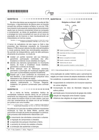 *AZUL75sab11*

QUESTÃO 34                                                                                 QUESTÃO 36
    No clima das ideias que se seguiram à revolta de São
Domingos, o descobrimento de planos para um levante
DUPDGR GRV DUWt¿FHV PXODWRV QD %DKLD QR DQR GH 
teve impacto muito especial; esses planos demonstravam
aquilo que os brancos conscientes tinham já começado
a compreender: as ideias de igualdade social estavam
a propagar-se numa sociedade em que só um terço da
população era de brancos e iriam inevitavelmente ser
interpretados em termos raciais.
       MAXWELL. K. Condicionalismos da Independência do Brasil. In: SILVA, M.N. (coord.)
                         O Império luso-brasileiro, 1750-1822. Lisboa: Estampa, 1986.

O temor do radicalismo da luta negra no Haiti e das
propostas das lideranças populares da Conjuração
Baiana (1798) levaram setores da elite colonial brasileira
a novas posturas diante das reivindicações populares.
No período da Independência, parte da elite participou
ativamente do processo, no intuito de
A instalar um partido nacional, sob sua liderança,
  garantindo participação controlada dos afro-
  brasileiros e inibindo novas rebeliões de negros.
B atender aos clamores apresentados no movimento
  baiano, de modo a inviabilizar novas rebeliões,
  garantindo o controle da situação.
C ¿UPDU DOLDQoDV FRP DV OLGHUDQoDV HVFUDYDV
                                                                                            SMITH, D. Atlas da Situação Mundial. São Paulo: Cia. Editora Nacional, 2007 (adaptado).
  permitindo a promoção de mudanças exigidas pelo
  povo sem a profundidade proposta inicialmente.
D impedir que o povo conferisse ao movimento um                                            Uma explicação de caráter histórico para o percentual da
  teor libertário, o que terminaria por prejudicar seus                                    religião com maior número de adeptos declarados no Brasil
  interesses e seu projeto de nação.                                                       foi a existência, no passado colonial e monárquico, da
E rebelar-se contra as representações metropolitanas,
  isolando politicamente o Príncipe Regente,                                               A incapacidade do cristianismo de incorporar aspectos
  instalando um governo conservador para controlar
                                                                                                de outras religiões.
  o povo.
                                                                                           B incorporação da ideia de liberdade religiosa na
QUESTÃO 35
                                                                                                esfera pública.
    Se a mania de fechar, verdadeiro habitus da                                            C permissão para o funcionamento de igrejas não cristãs.
mentalidade medieval nascido talvez de um profundo
                                                                                           D relação de integração entre Estado e Igreja.
sentimento de insegurança, estava difundida no mundo
rural, estava do mesmo modo no meio urbano, pois que                                       E LQÀXrQFLD GDV UHOLJL}HV GH RULJHP DIULFDQD
uma das características da cidade era de ser limitada
por portas e por uma muralha.
DUBY, G. et al. “Séculos XIV-XV”. In: ARIÈS, P.; DUBY, G. História da vida privada da
             Europa Feudal à Renascença. São Paulo: Cia. das Letras, 1990 (adaptado).

As práticas e os usos das muralhas sofreram importantes
PXGDQoDV QR ¿QDO GD ,GDGH 0pGLD TXDQGR HODV
assumiram a função de pontos de passagem ou pórticos.
Este processo está diretamente relacionado com
A    o crescimento das atividades comerciais e urbanas.
B    a migração de camponeses e artesãos.
C    a expansão dos parques industriais e fabris.
D    o aumento do número de castelos e feudos.
E    a contenção das epidemias e doenças.
 CH - 1º dia | Caderno 1 - AZUL - Página 11
 