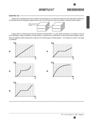 MT - 2º dia | Caderno 7 - AZUL - Página 21
QUESTÃO 152
A água para o abastecimento de um prédio é armazenada em um sistema formado por dois reservatórios idênticos,
Reservatório 1 Reservatório 2
Cano de
entrada
h V de água
no sistema?
A
h
v
D
h
v
B
h
v
E
h
v
C
h
v
*DO0725AZ21*
 