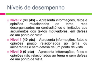 Níveis de desempenho 
 Nível 2 (80 pts) – Apresenta informações, fatos e 
opiniões relacionados ao tema, mas 
desorganizados ou contraditórios e limitados aos 
argumentos dos textos motivadores, em defesa 
de um ponto de vista. 
 Nível 1 (40 pts) – Apresenta informações, fatos e 
opiniões pouco relacionados ao tema ou 
incoerentes e sem defesa de um ponto de vista. 
 Nível 0 (0 pto) – Apresenta informações, fatos e 
opiniões não relacionados ao tema e sem defesa 
de um ponto de vista. 
 