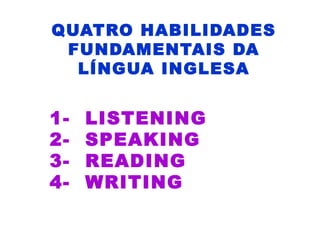 QUATRO HABILIDADES
FUNDAMENTAIS DA
LÍNGUA INGLESA
1- LISTENING
2- SPEAKING
3- READING
4- WRITING
 