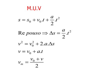 M.U.V
                a 2
s  s0  v0 .t  .t
                2
                a 2
Re pouso  s  .t
                2
v  v0  2.a.s
 2   2


v  v0  a.t
     v0  v
vm 
       2
 