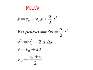 M.U.V
                a 2
s = s0 + v0 .t + .t
                2
                a 2
Re pouso ⇒∆s = .t
                2
v = v0 + 2.a.∆s
 2   2


v = v0 + a.t
     v0 + v
vm =
       2
 