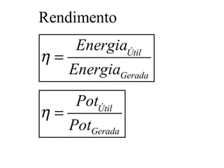 Rendimento
Útil
Gerada
Útil
Gerada
Energia
Energia
Pot
Pot
η
η
=
=
 