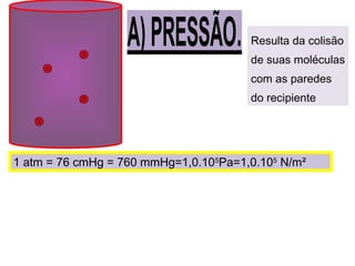 Resulta da colisão
de suas moléculas
com as paredes
do recipiente
1 atm = 76 cmHg = 760 mmHg=1,0.105
Pa=1,0.105
N/m²
 